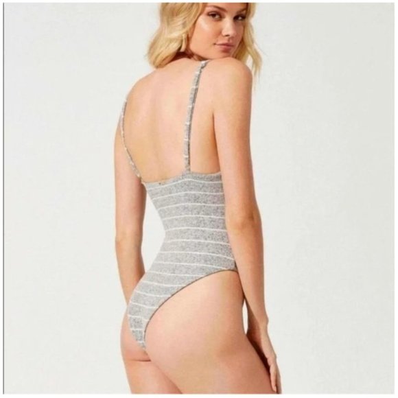 BEACH BUNNY Swimwear Peyton Bodysuit‎ Grey Cheeky Bow Keyhole, S NWT - Picture 3 of 12